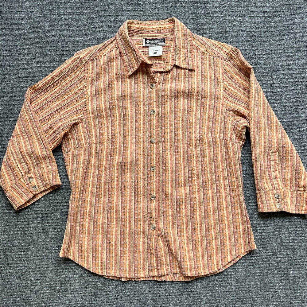 Columbia Sportswear Womens M‎ Button-Up Shirt Striped Crinkle Stretch Orange